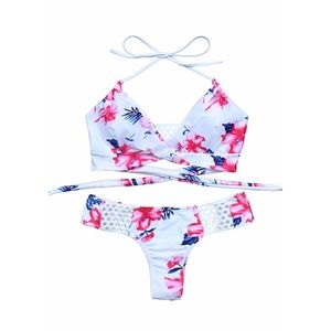 White with pink and blue floral pattern bikini set